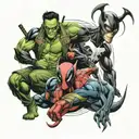 Loki, Deadpool and Venom characters together symbolizing tattoo design idea