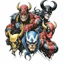 Loki, Deadpool and Venom characters together symbolizing tattoo design idea