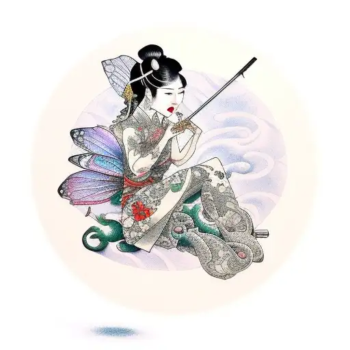 A fairy smoking cigar sitting on musical sheet tattoo design idea