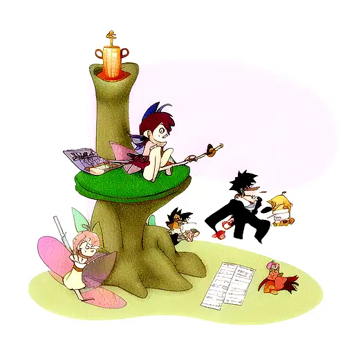 A fairy smoking cigar sitting on musical sheet tattoo design idea