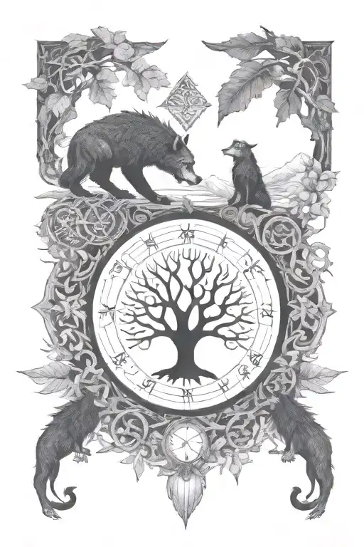 Incorporate the Vegvisir, yggdrasil and fenrir symbol into a blackwork design inspired by Norse and hindu mythology tattoo design idea