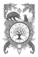 Incorporate the Vegvisir, yggdrasil and fenrir symbol into a blackwork design inspired by Norse and hindu mythology tattoo design idea