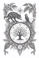 Incorporate the Vegvisir, yggdrasil and fenrir symbol into a blackwork design inspired by Norse and hindu mythology tattoo design idea