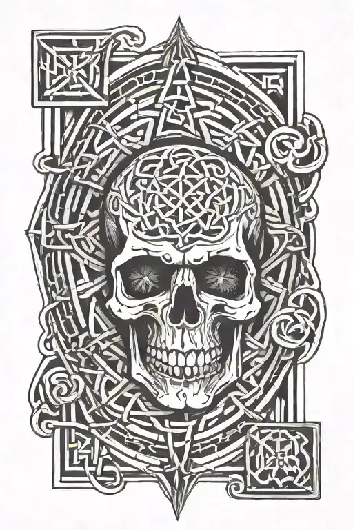 A celtic knot design incorporating elements of sacred geometry, with a skull at the center surrounded by prison bars tattoo design idea