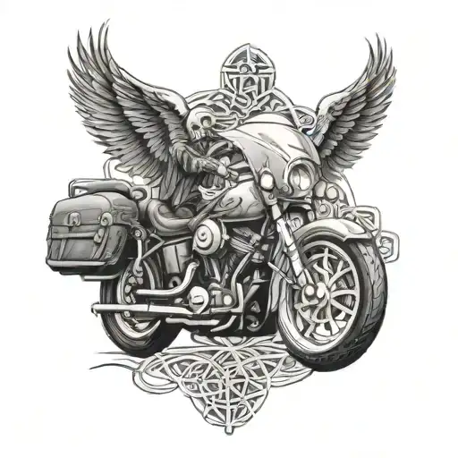 Create a full back piece with a detailed scene of a Harley Davidson motorcycle riding through a maze of interconnected Celtic knots and skulls tattoo design idea