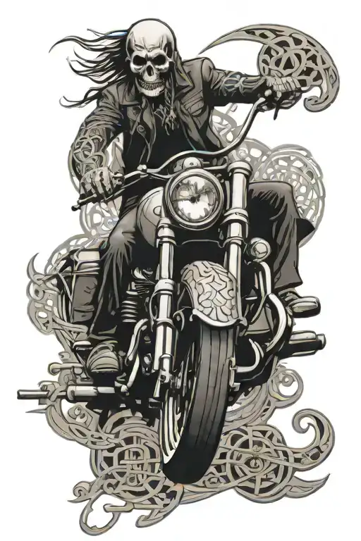 keltic knot harley davidson motorcycle surrounded by sacred geometry in the air a rebel skeleton is ridng the harley   tattoo design idea