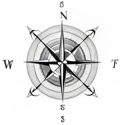 A minimalist tattoo of a compass with the initials of each family member pointing towards 'home' tattoo design idea