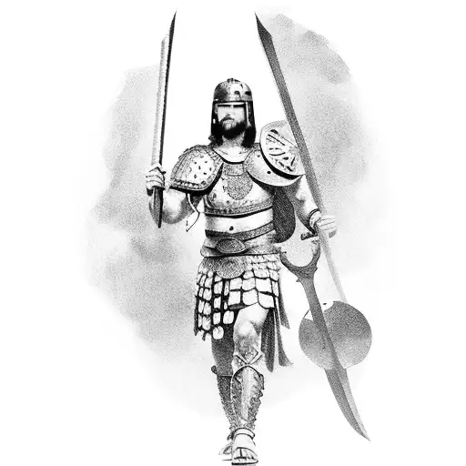 Roman gladiator fitting with long hair and shield  tattoo design idea