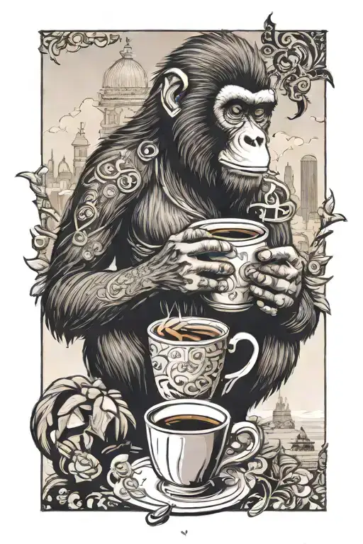 A monkey holding a cup of coffee with Asian and European landmarks in the background, reflecting the client's favorite things and travel interests tattoo design idea