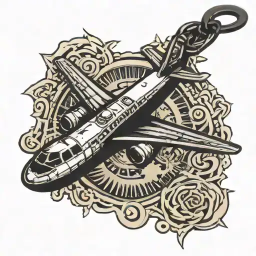 luggage tag says roc, plane stamp. sun keychain attached tattoo design idea