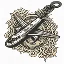 luggage tag says roc, plane stamp. sun keychain attached tattoo design idea
