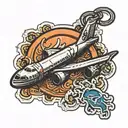 luggage tag says roc, plane stamp. sun keychain attached tattoo design idea