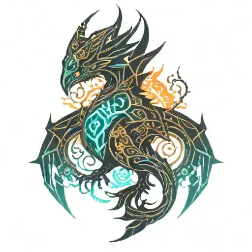 Necromancer, dragon, phoenix bird tattoo design idea