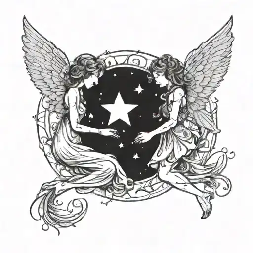2 fairies holding hands with inside wings broken, one with a moon on the dress one with a star on the dress  tattoo design idea