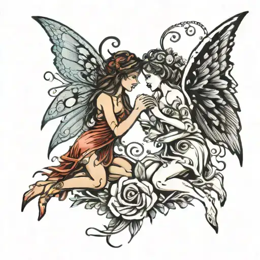 2 fairies holding hands with inside wings broken tattoo design idea