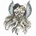 2 fairies holding hands with inside wings broken and one with a moon on the dress and one with a star on the dress  tattoo design idea