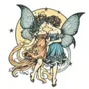 2 fairies holding hands with inside wings broken and one with a moon on the dress and one with a star on the dress  tattoo design idea