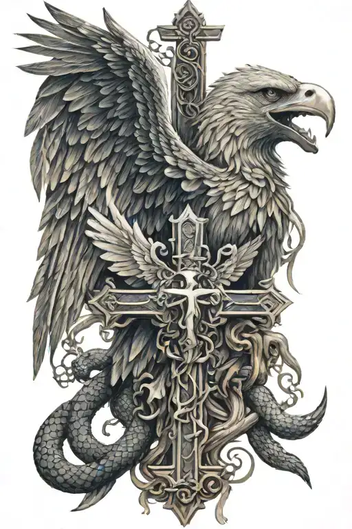 cross in the middle, Christ on the face side, wolf on the opposite side of Christ, eagle below the cross and snake coils around the cross tattoo design idea