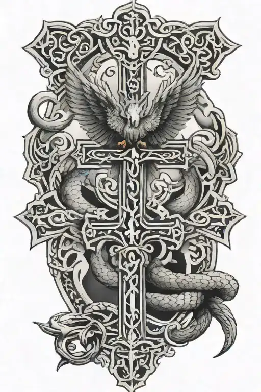 cross christ wolf eagle snake with tattoo design idea