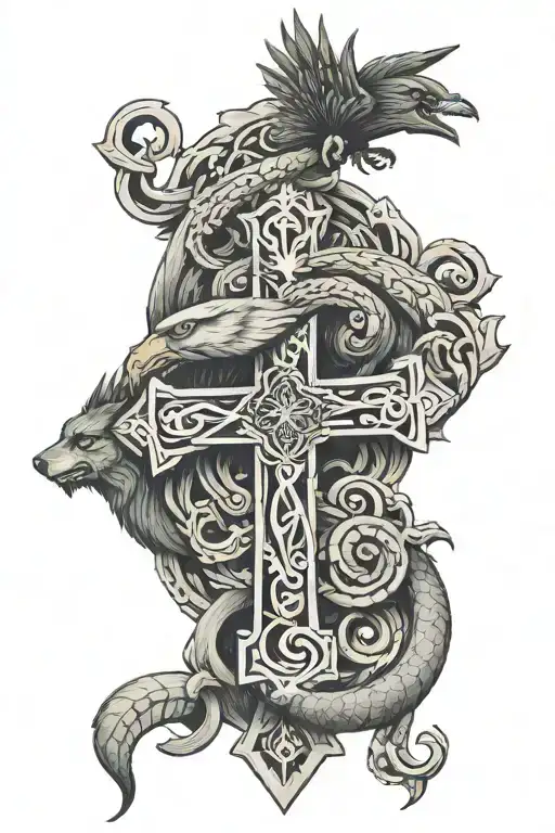 cross in the middle, Christ on the face side, wolf on the opposite side of Christ, eagle below the cross and snake coils around the cross tattoo design idea