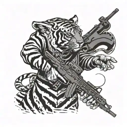 A composition of a soldier's silhouette with a tiger's stripes forming the camouflage pattern, holding a gun in hand tattoo design idea