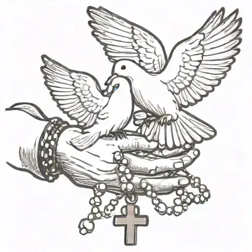 hands holding a rosary beads with a dove flying and tattoo design idea