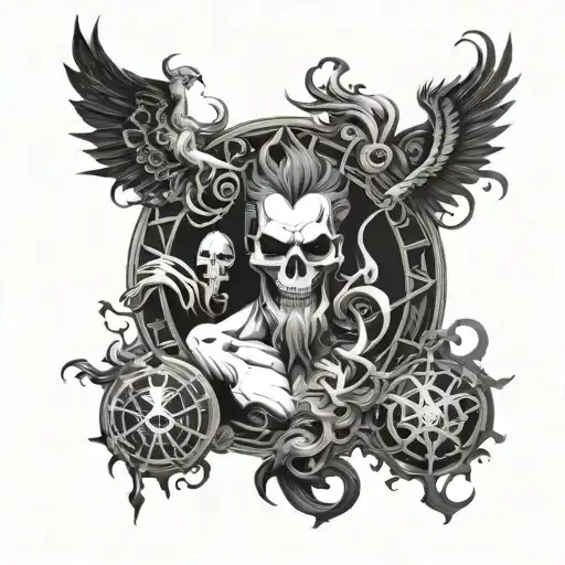 Incorporate elements from the Hades game, such as the characters or symbols, into a dynamic and visually striking tattoo design tattoo design idea