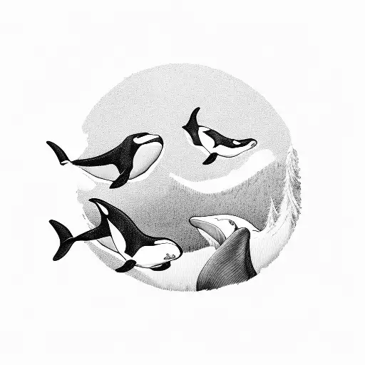 A teacher guiding a group of orcas through a musical journey tattoo design idea