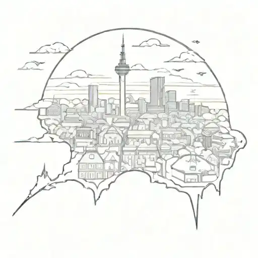 A skyline mashup of Stuttgart and Gelsenkirchen with a bolt connecting them, representing favorite cities and interests tattoo design idea