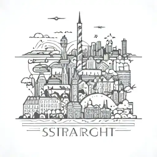 A skyline mashup of Stuttgart and Gelsenkirchen with a bolt connecting them, representing favorite cities and interests tattoo design idea