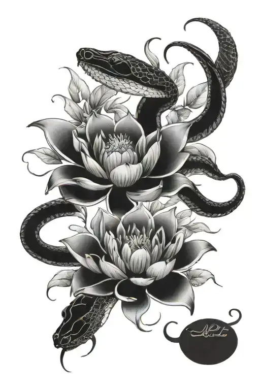 snake and lotus flowers egyptian tattoo design idea