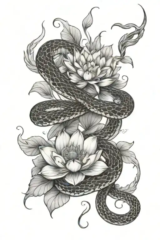 wrapped snake and lotus flowers tattoo design idea