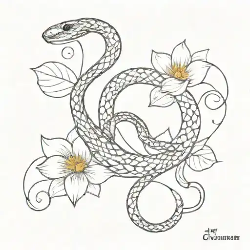 A snake intertwined with lotus flowers and vines tattoo design idea