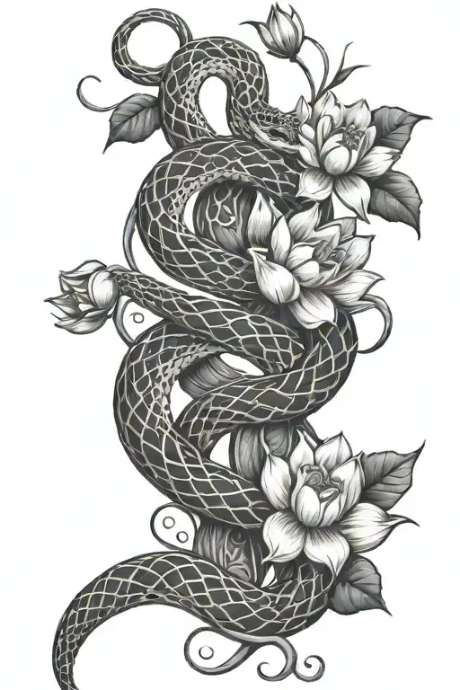 A snake intertwined with lotus flowers and vines tattoo design idea