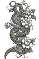 A snake intertwined with lotus flowers and vines tattoo design idea