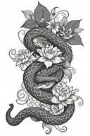 A snake intertwined with lotus flowers and vines tattoo design idea