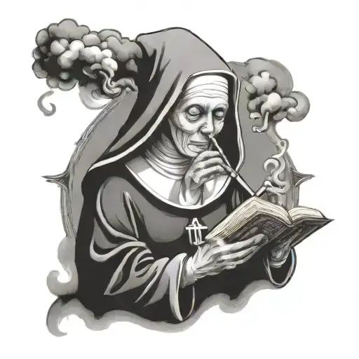 nun smoking a joint and reading the bible tattoo design idea