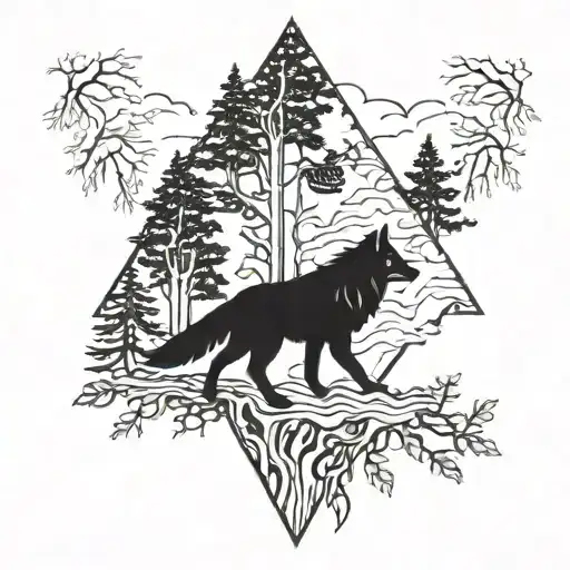 wolf forest with ravens tattoo design idea