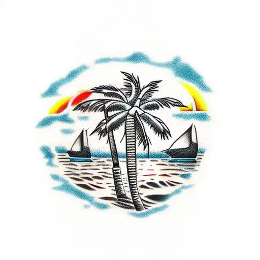 beach, water, boat, sunset, palm tree, on inside of leg tattoo design idea