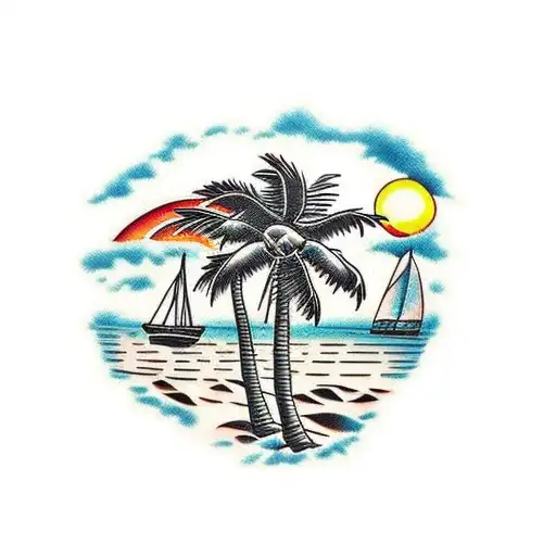 beach, water, boat, sunset, palm tree, on inside of leg tattoo design idea