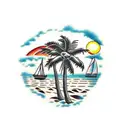 beach, water, boat, sunset, palm tree, on inside of leg tattoo design idea
