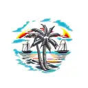 beach, water, boat, sunset, palm tree, on inside of leg tattoo design idea