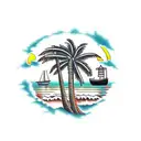 beach, water, boat, sunset, palm tree, on inside of leg tattoo design idea