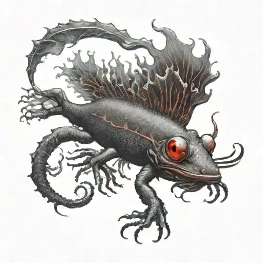 black axolotl has red light one side view tattoo design idea