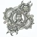 Peace prosperity protection god figure surrounded tattoo design idea