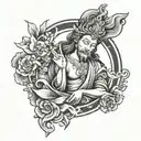 Peace prosperity protection god figure surrounded tattoo design idea