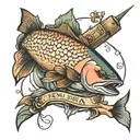 Create 3 different small to medium tattoos based on the following: Hembre Gård, a salmon jumping and a flyfishing rod tattoo design idea