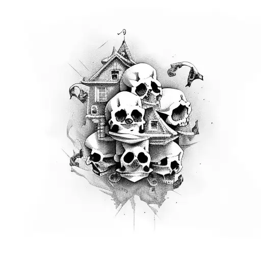 alot of skulls with abandoned house tattoo design idea