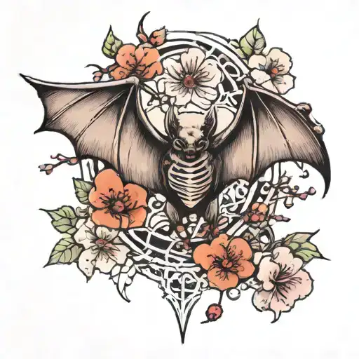 a bat with an exposed skeleton and a cherry blossom tattoo design idea