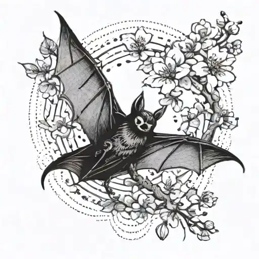 a bat with an exposed skeleton and a cherry blossom tattoo design idea
